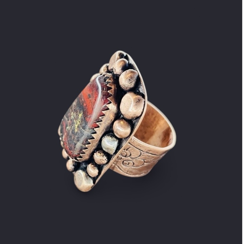 Freeform Bloodstone Mixed Metal Ring | Etched Copper & Sterling Accents (12.5)